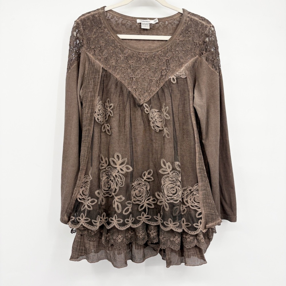 Feratelli Womens Brown Lace Floral Embroidered Lagenlook Boho Romantic Blouse  L